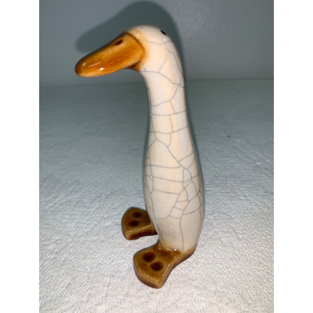 Global Views Billy The Duck Small Ceramic Figurine Crackle Glaze Cream Brown